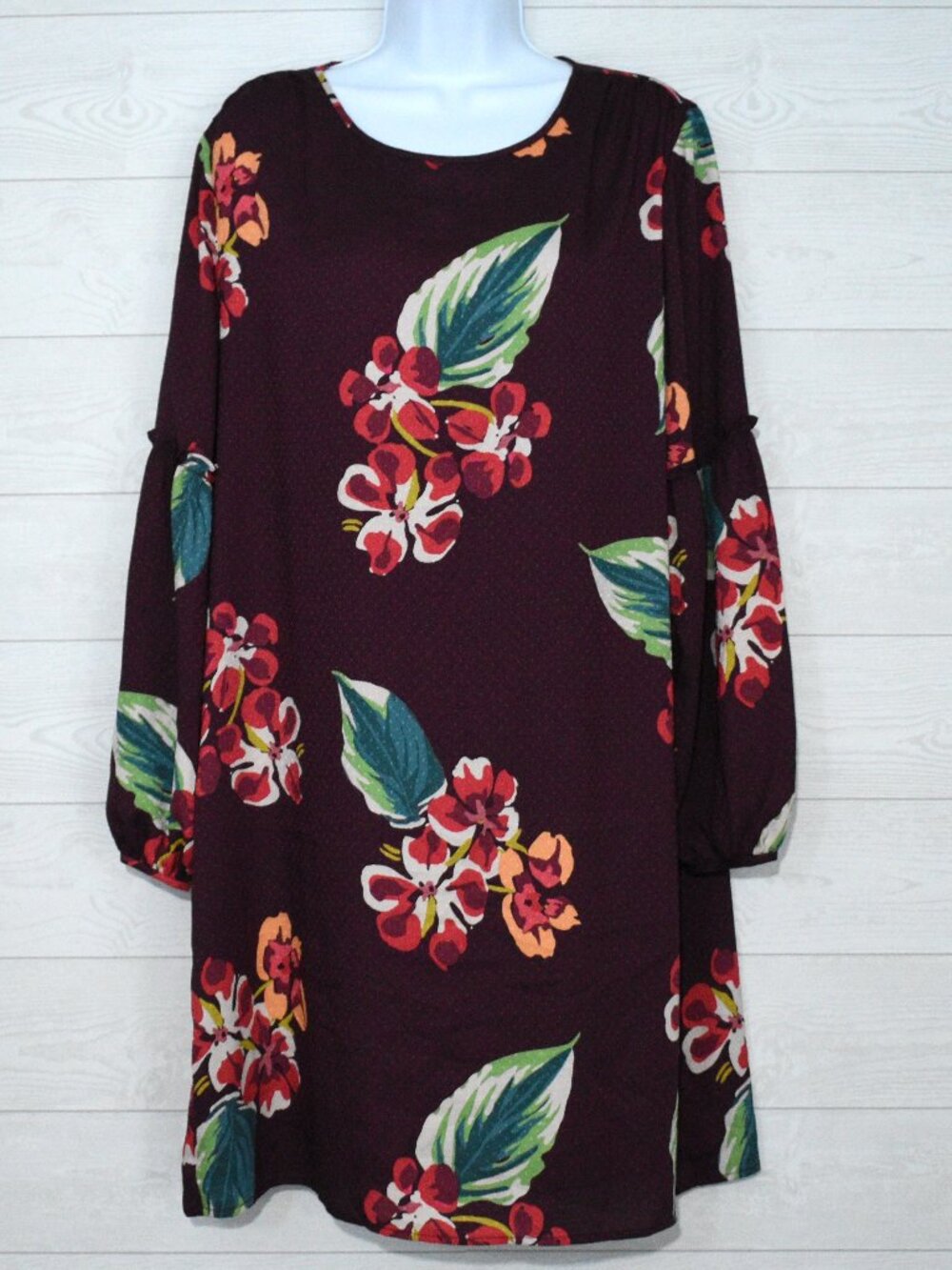 LOFT Burgundy Floral Balloon Sleeve Shift Dress Size L